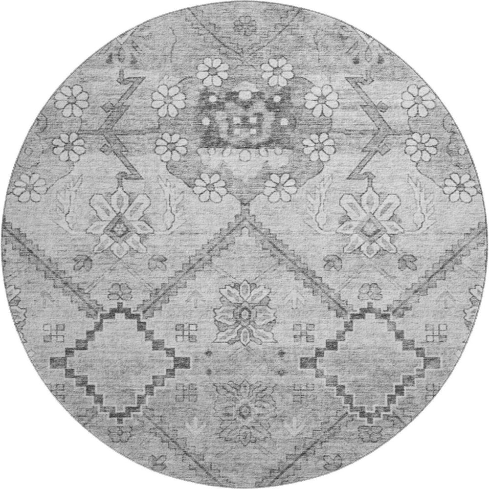 HomeRoots 8' Gray and Silver Floral Washable Round Rug - Durable, UV-Protected, Ideal for High-Traffic Homes 667219