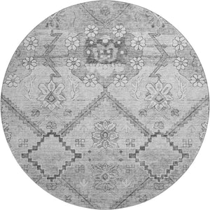 HomeRoots 8' Gray and Silver Floral Washable Round Rug - Durable, UV-Protected, Ideal for High-Traffic Homes 667219