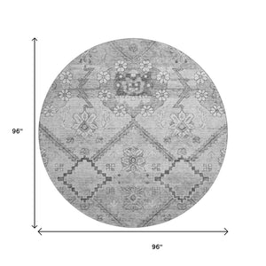 HomeRoots 8' Gray and Silver Floral Washable Round Rug - Durable, UV-Protected, Ideal for High-Traffic Homes 667219