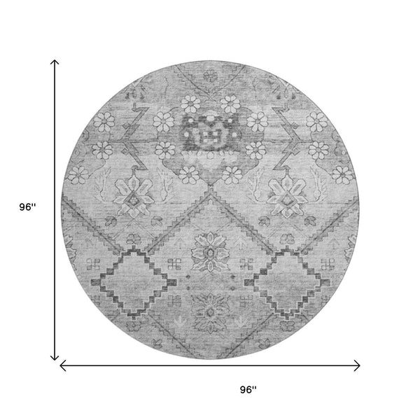 HomeRoots 8' Gray and Silver Floral Washable Round Rug - Durable, UV-Protected, Ideal for High-Traffic Homes 667219