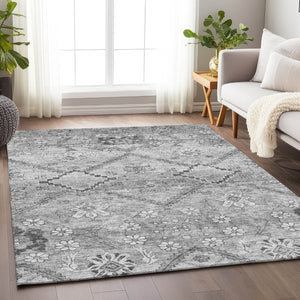 HomeRoots 8' X 10' Gray and Silver Floral Washable Area Rug – Stain Resistant, UV Protected, Perfect for Pets! 667220