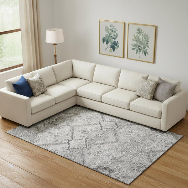 HomeRoots 9' X 12' Gray and Silver Floral Area Rug - Washable, UV Protected, Stain Resistant for Busy Homes! 667221