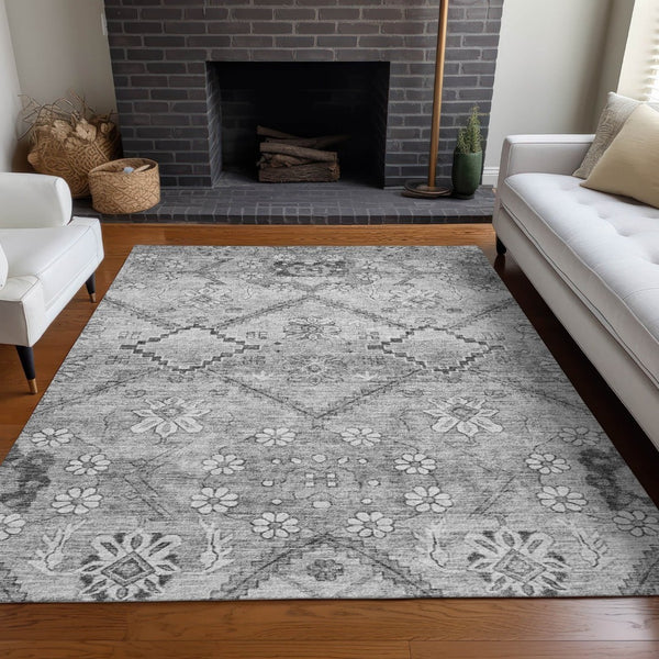 HomeRoots 9' X 12' Gray and Silver Floral Area Rug - Washable, UV Protected, Stain Resistant for Busy Homes! 667221