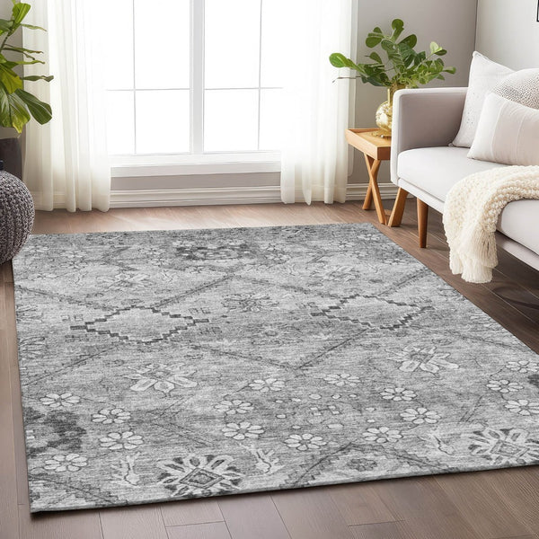 HomeRoots 9' X 12' Gray and Silver Floral Area Rug - Washable, UV Protected, Stain Resistant for Busy Homes! 667221