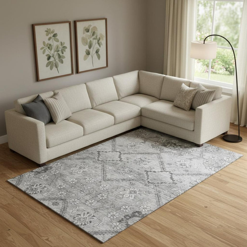 HomeRoots 10' X 14' Gray and Silver Floral Area Rug - Washable, UV-Protected, Durable for High-Traffic Spaces 667222