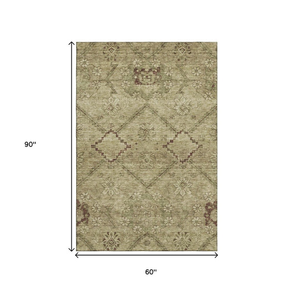 HomeRoots 5' X 8' Brown And Beige Floral Area Rug - Durable, Stain-Resistant, UV Protected for Busy Homes 667230