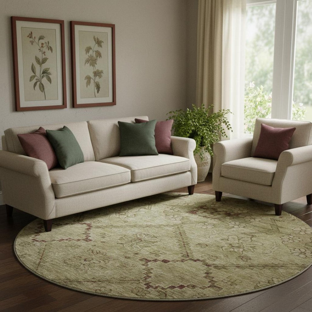 HomeRoots 8' Brown and Beige Floral Washable Round Rug with UV Protection for Indoor and Outdoor Charm 667231
