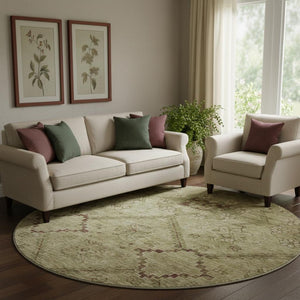 HomeRoots 8' Brown and Beige Floral Washable Round Rug with UV Protection for Indoor and Outdoor Charm 667231