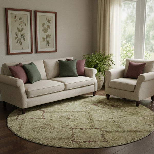 HomeRoots 8' Brown and Beige Floral Washable Round Rug with UV Protection for Indoor and Outdoor Charm 667231