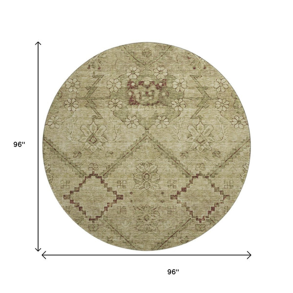 HomeRoots 8' Brown and Beige Floral Washable Round Rug with UV Protection for Indoor and Outdoor Charm 667231