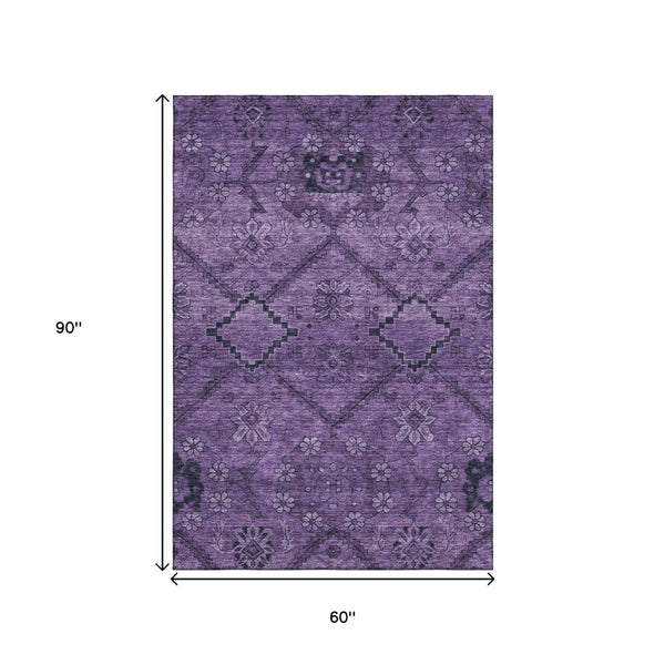 HomeRoots 5' X 8' Elegant Eggplant and Gray Floral Washable Area Rug with UV Protection for High-Traffic Spaces 667236