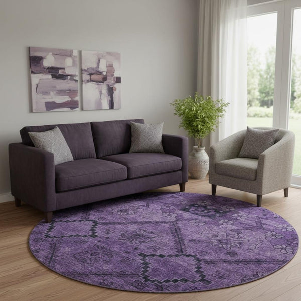 HomeRoots 8' Elegant Eggplant & Gray Floral Washable Round Rug with UV Protection for Homes with Kids & Pets 667237