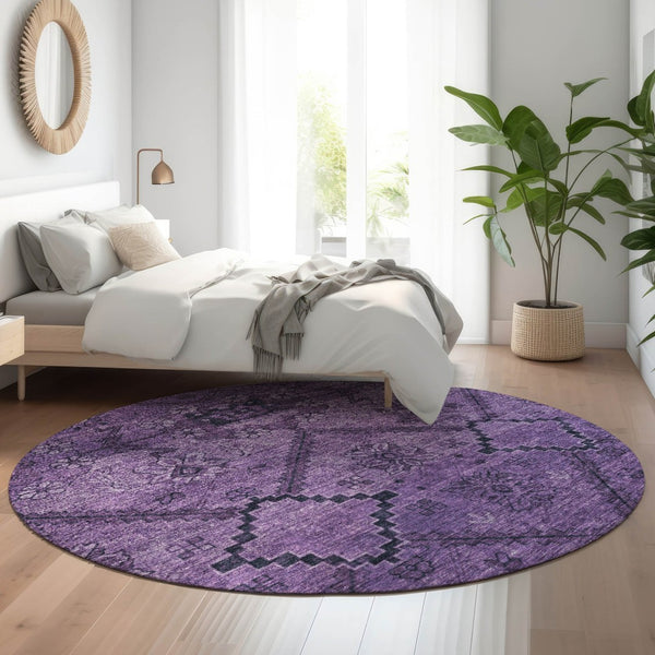 HomeRoots 8' Elegant Eggplant & Gray Floral Washable Round Rug with UV Protection for Homes with Kids & Pets 667237