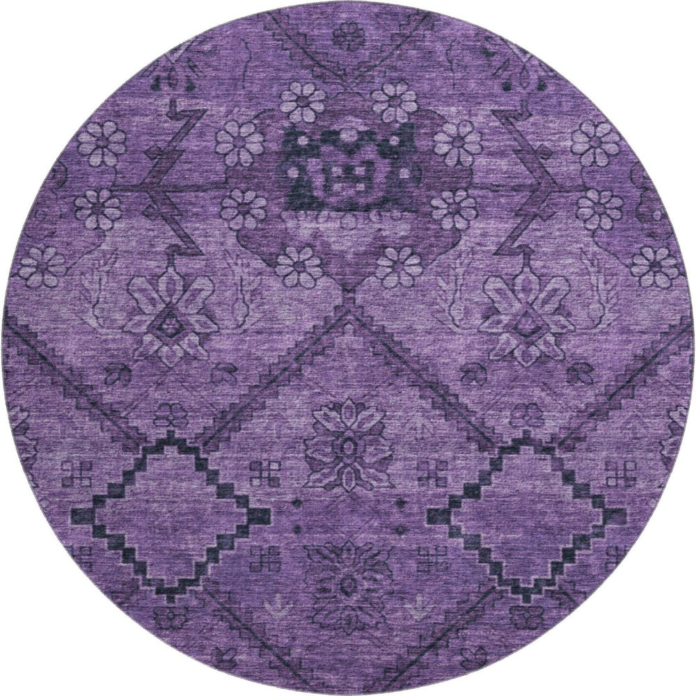 HomeRoots 8' Elegant Eggplant & Gray Floral Washable Round Rug with UV Protection for Homes with Kids & Pets 667237