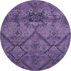 HomeRoots 8' Elegant Eggplant & Gray Floral Washable Round Rug with UV Protection for Homes with Kids & Pets 667237