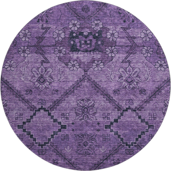 HomeRoots 8' Elegant Eggplant & Gray Floral Washable Round Rug with UV Protection for Homes with Kids & Pets 667237