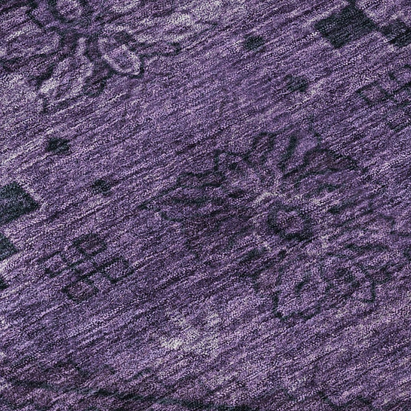HomeRoots 8' Elegant Eggplant & Gray Floral Washable Round Rug with UV Protection for Homes with Kids & Pets 667237
