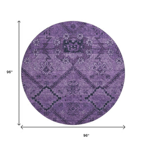 HomeRoots 8' Elegant Eggplant & Gray Floral Washable Round Rug with UV Protection for Homes with Kids & Pets 667237
