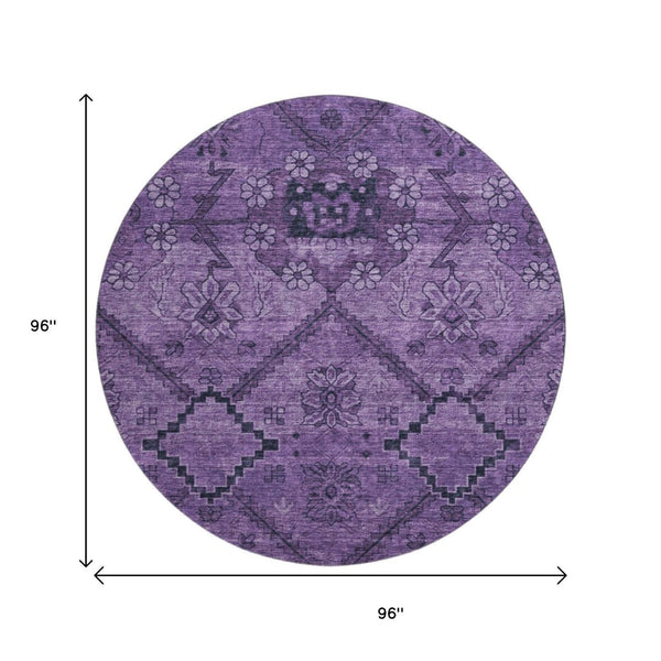HomeRoots 8' Elegant Eggplant & Gray Floral Washable Round Rug with UV Protection for Homes with Kids & Pets 667237