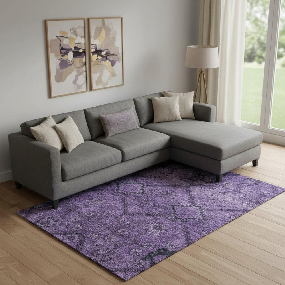 HomeRoots 9' Elegant Eggplant & Gray Floral Area Rug - Washable, UV-Protected, Perfect for High-Traffic Spaces 667239
