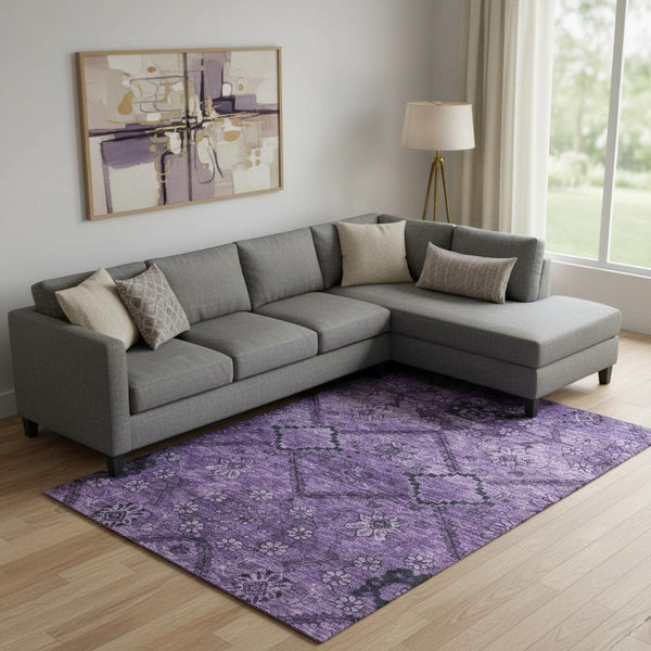 HomeRoots 10' X 14' Eggplant & Gray Floral Area Rug – Washable, UV-Protected & Stain-Resistant for Homes 667240