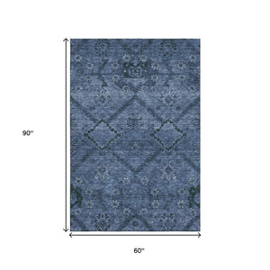 HomeRoots 5' X 8' Navy Blue Floral Area Rug - Washable, Stain Resistant, UV Protected for Busy Homes 667242