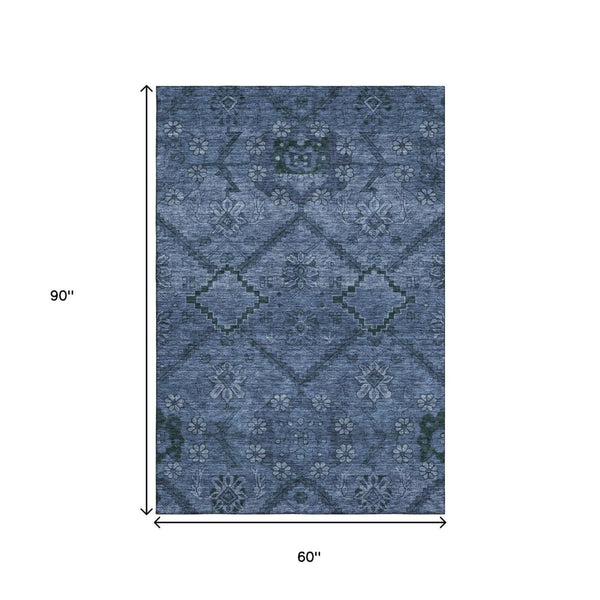 HomeRoots 5' X 8' Navy Blue Floral Area Rug - Washable, Stain Resistant, UV Protected for Busy Homes 667242