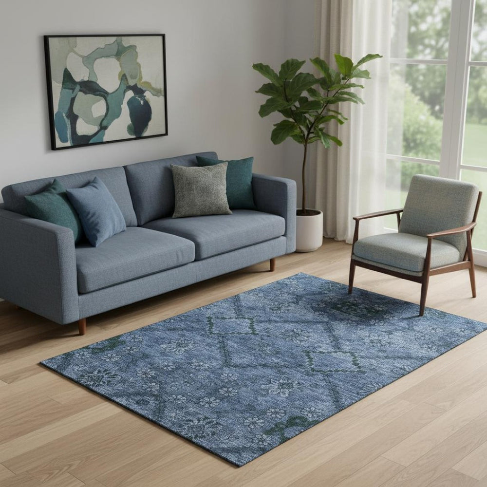 HomeRoots 5' X 8' Navy Blue Floral Area Rug - Washable, Stain Resistant, UV Protected for Busy Homes 667242