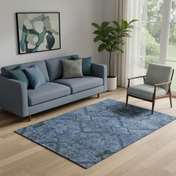 HomeRoots 5' X 8' Navy Blue Floral Area Rug - Washable, Stain Resistant, UV Protected for Busy Homes 667242