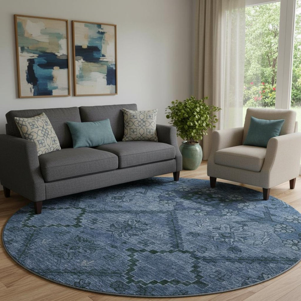 HomeRoots 8' Navy Blue and Gray Floral Round Rug - Washable, Stain-Resistant, UV Protected for High-Traffic Areas 667243