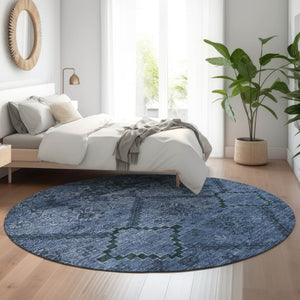 HomeRoots 8' Navy Blue and Gray Floral Round Rug - Washable, Stain-Resistant, UV Protected for High-Traffic Areas 667243