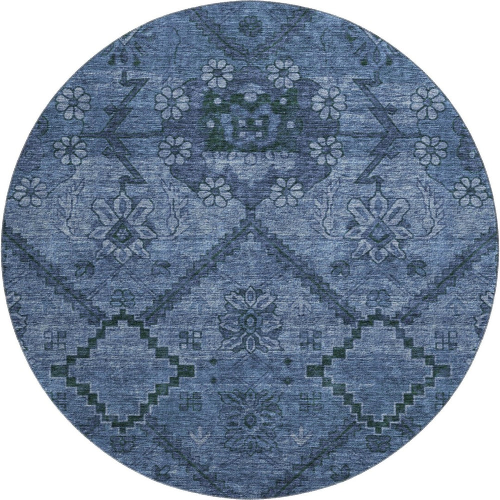 HomeRoots 8' Navy Blue and Gray Floral Round Rug - Washable, Stain-Resistant, UV Protected for High-Traffic Areas 667243