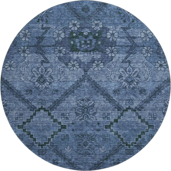 HomeRoots 8' Navy Blue and Gray Floral Round Rug - Washable, Stain-Resistant, UV Protected for High-Traffic Areas 667243