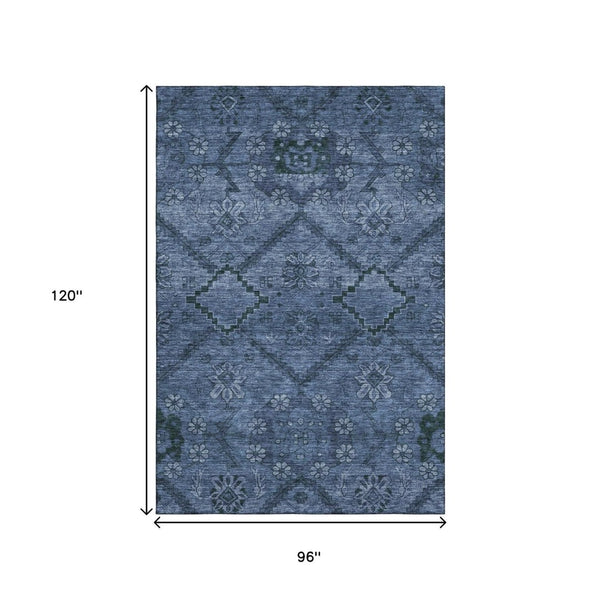 HomeRoots 8' X 10' Navy Blue and Gray Floral Area Rug – Washable, UV Protected, and Stain Resistant for Durability 667244