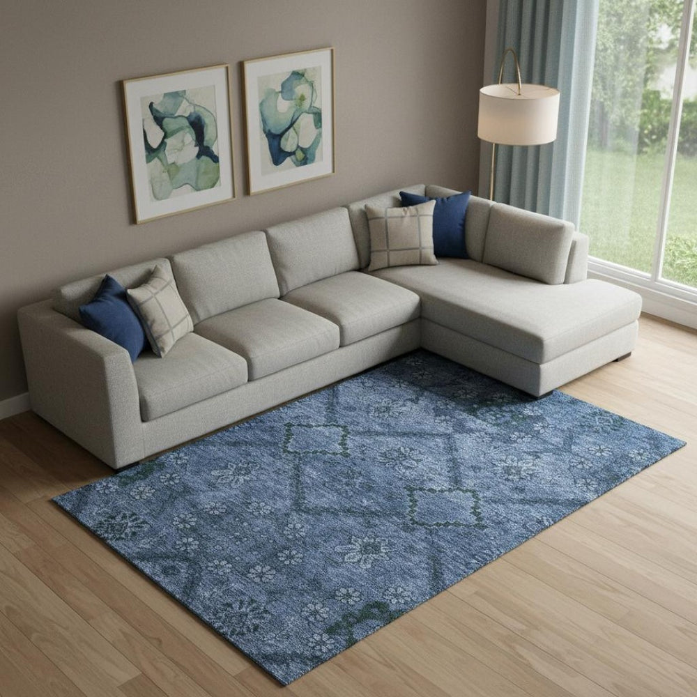 HomeRoots 8' X 10' Navy Blue and Gray Floral Area Rug – Washable, UV Protected, and Stain Resistant for Durability 667244