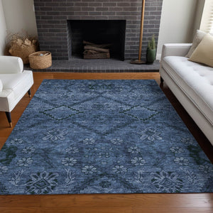 HomeRoots 8' X 10' Navy Blue and Gray Floral Area Rug – Washable, UV Protected, and Stain Resistant for Durability 667244