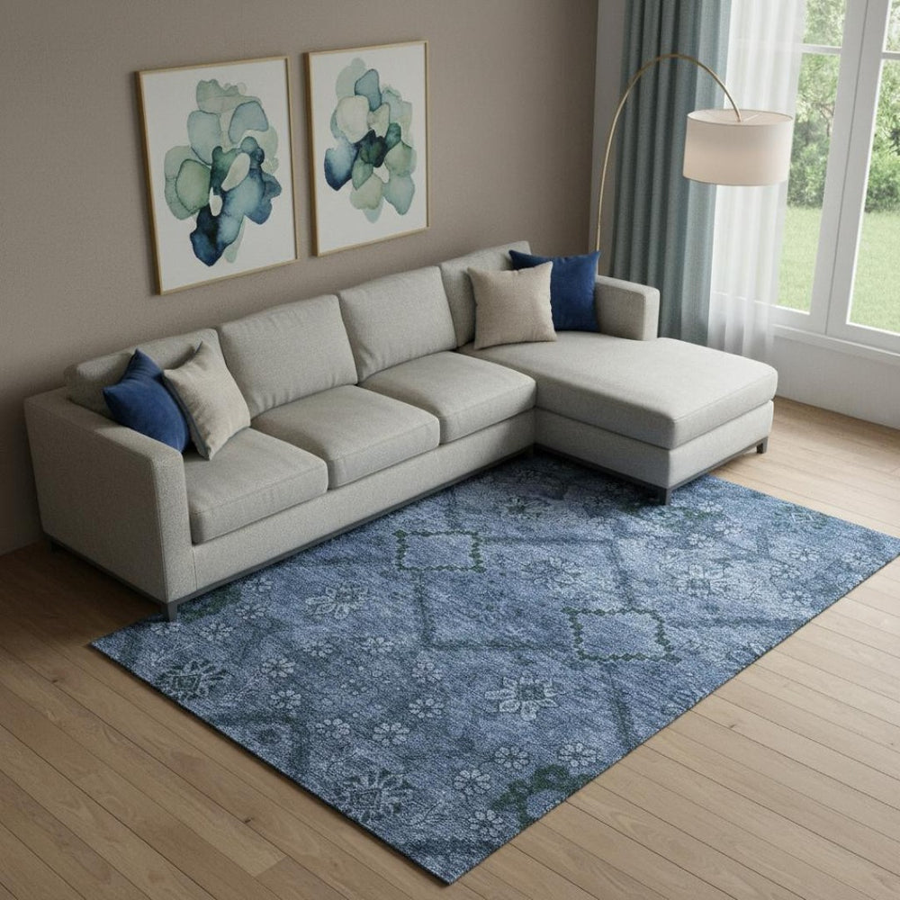 HomeRoots 9' X 12' Navy Blue and Gray Floral Area Rug - Stylish, Washable, UV-Protected for Modern Homes 667245