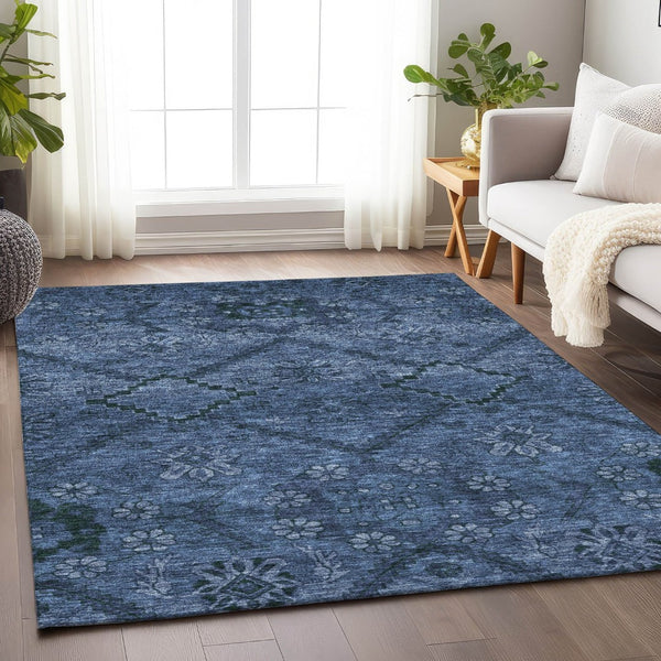 HomeRoots 10' Navy Blue & Gray Floral Washable Area Rug - Durable, UV Protected for Homes with Kids & Pets 667246
