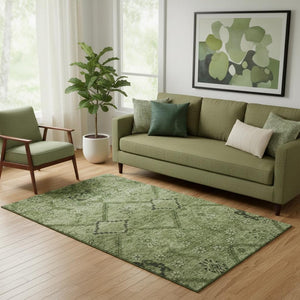 HomeRoots 5' X 8' Olive Green & Gray Floral Area Rug - Durable, Washable, UV-Protected, Perfect for Busy Homes! 667248