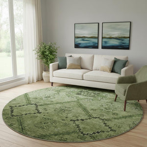 HomeRoots 8' Olive Green and Gray Floral Round Rug - Washable, UV-Protected, Stain Resistant, Durable Design! 667249