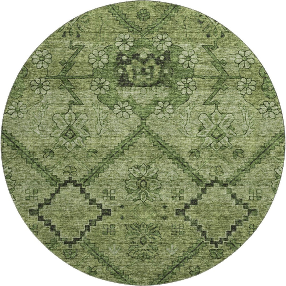 HomeRoots 8' Olive Green and Gray Floral Round Rug - Washable, UV-Protected, Stain Resistant, Durable Design! 667249