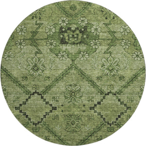HomeRoots 8' Olive Green and Gray Floral Round Rug - Washable, UV-Protected, Stain Resistant, Durable Design! 667249