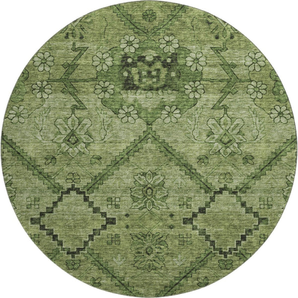 HomeRoots 8' Olive Green and Gray Floral Round Rug - Washable, UV-Protected, Stain Resistant, Durable Design! 667249