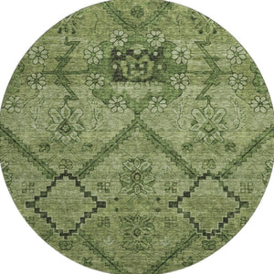 HomeRoots 8' Olive Green and Gray Floral Round Rug - Washable, UV-Protected, Stain Resistant, Durable Design! 667249