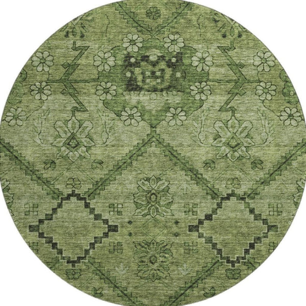 HomeRoots 8' Olive Green and Gray Floral Round Rug - Washable, UV-Protected, Stain Resistant, Durable Design! 667249