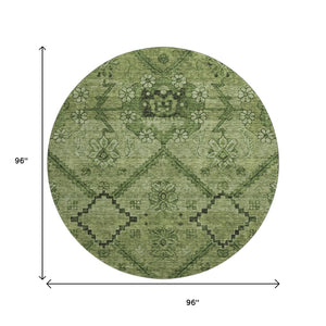 HomeRoots 8' Olive Green and Gray Floral Round Rug - Washable, UV-Protected, Stain Resistant, Durable Design! 667249