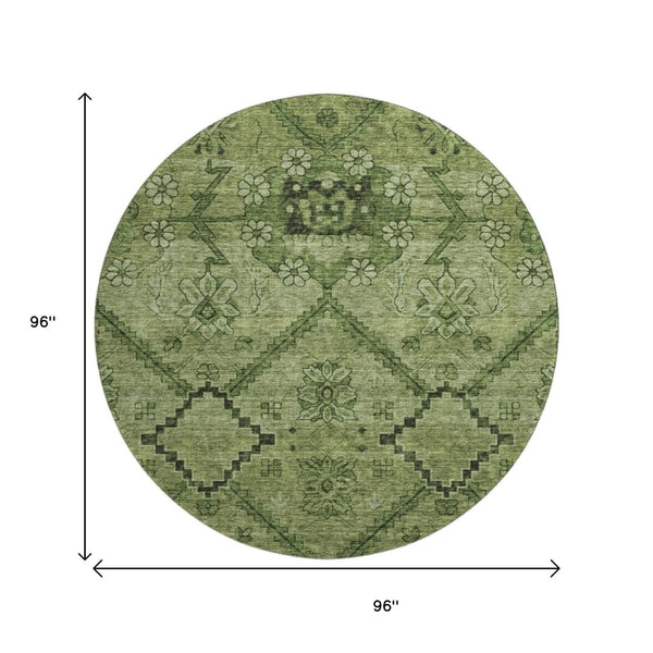 HomeRoots 8' Olive Green and Gray Floral Round Rug - Washable, UV-Protected, Stain Resistant, Durable Design! 667249