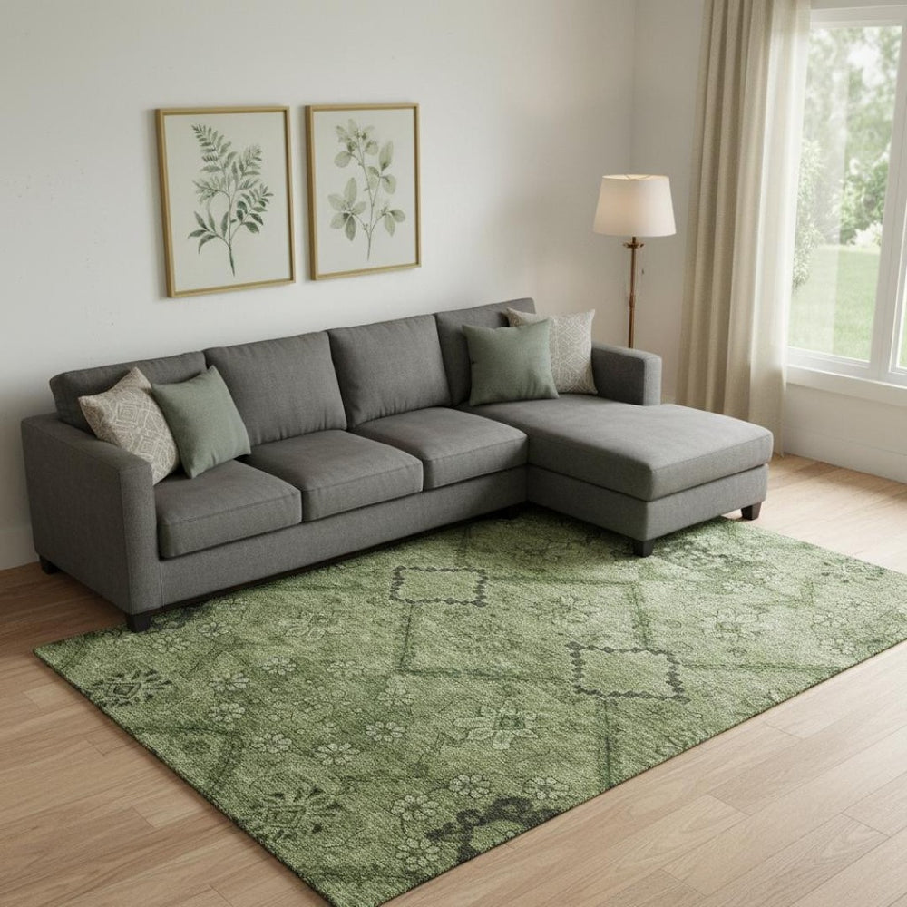 HomeRoots 8' X 10' Olive Green & Gray Floral Area Rug - Washable, UV Protected, Durable for Family Life! 667250