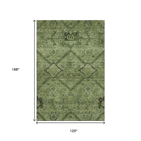 HomeRoots 10' X 14' Olive Green & Gray Floral Washable Area Rug – UV Protection, Durable, Easy Care Design 667252