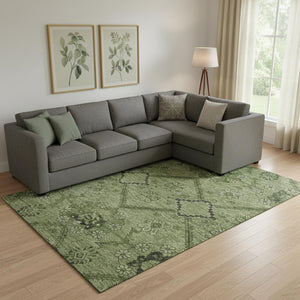 HomeRoots 10' X 14' Olive Green & Gray Floral Washable Area Rug – UV Protection, Durable, Easy Care Design 667252